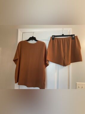 SHEIN Ribbed Lounge Set in Rust Brown - Top & Shorts
